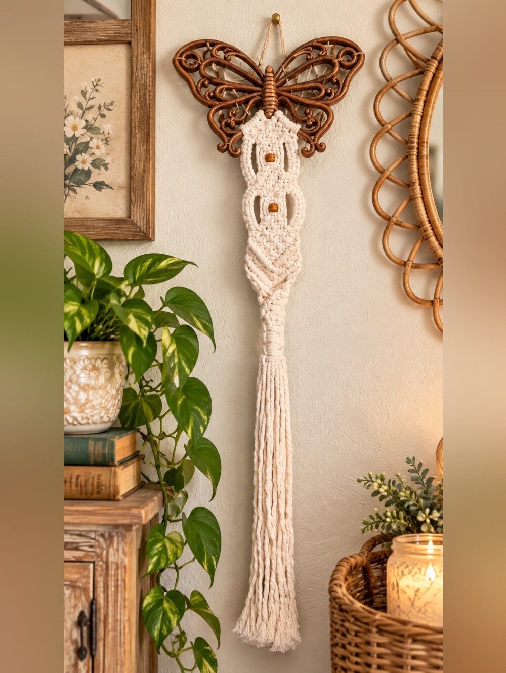 Vintage Syroco Butterfly Macrame Wall Hanging Boho Cottagecore Decor